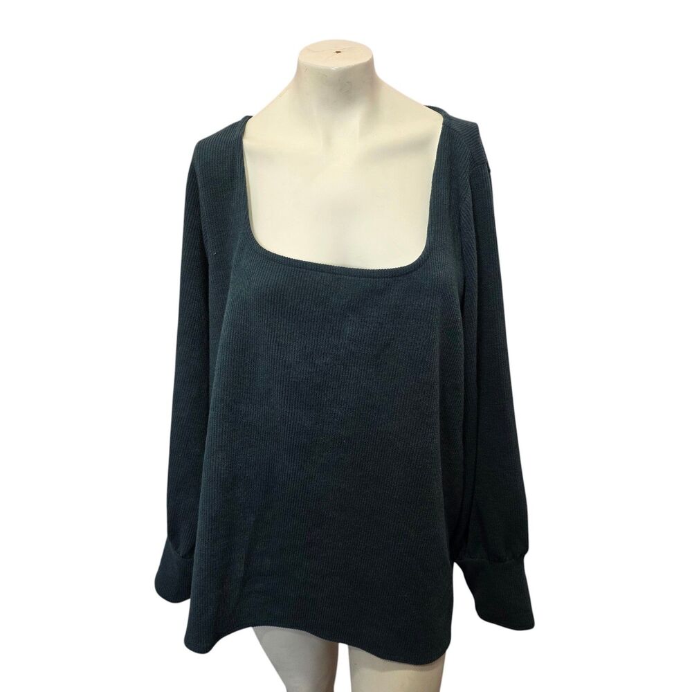 Madewell 3X Ribbed Knit Square Neck Top Dark Green Long Sleeve Plus‎ Size
